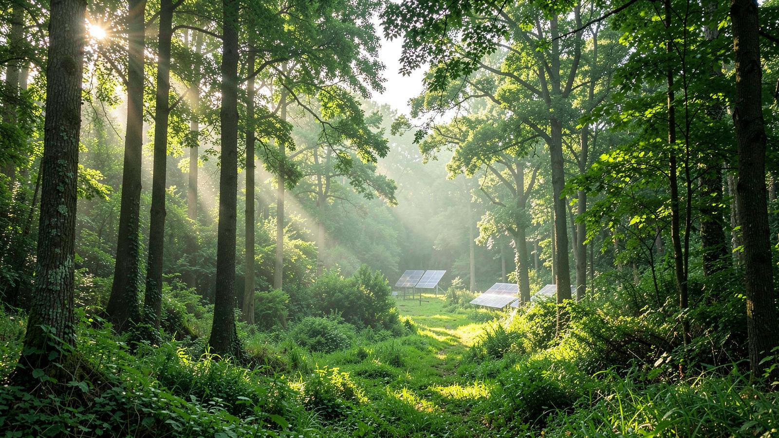 Sunlight streaming through a green forest with solar panels in a clearing
