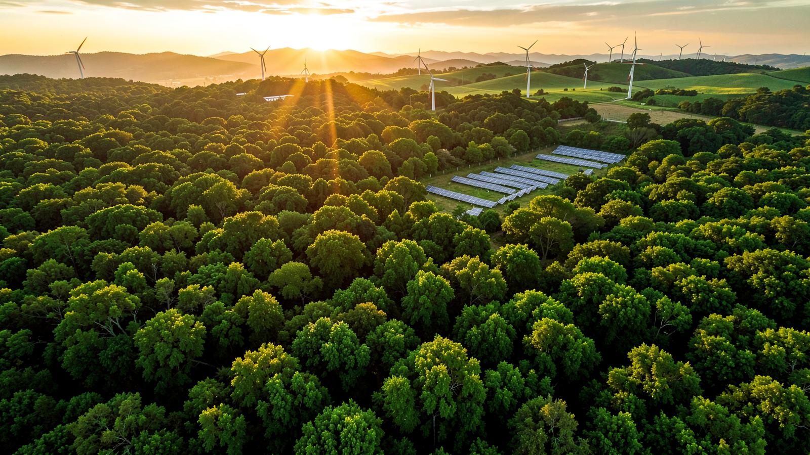 Aerial view of forest canopy, solar panels and wind turbines at sunrise