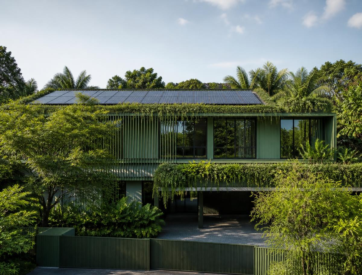 Green home with rooftop solar surrounded by trees