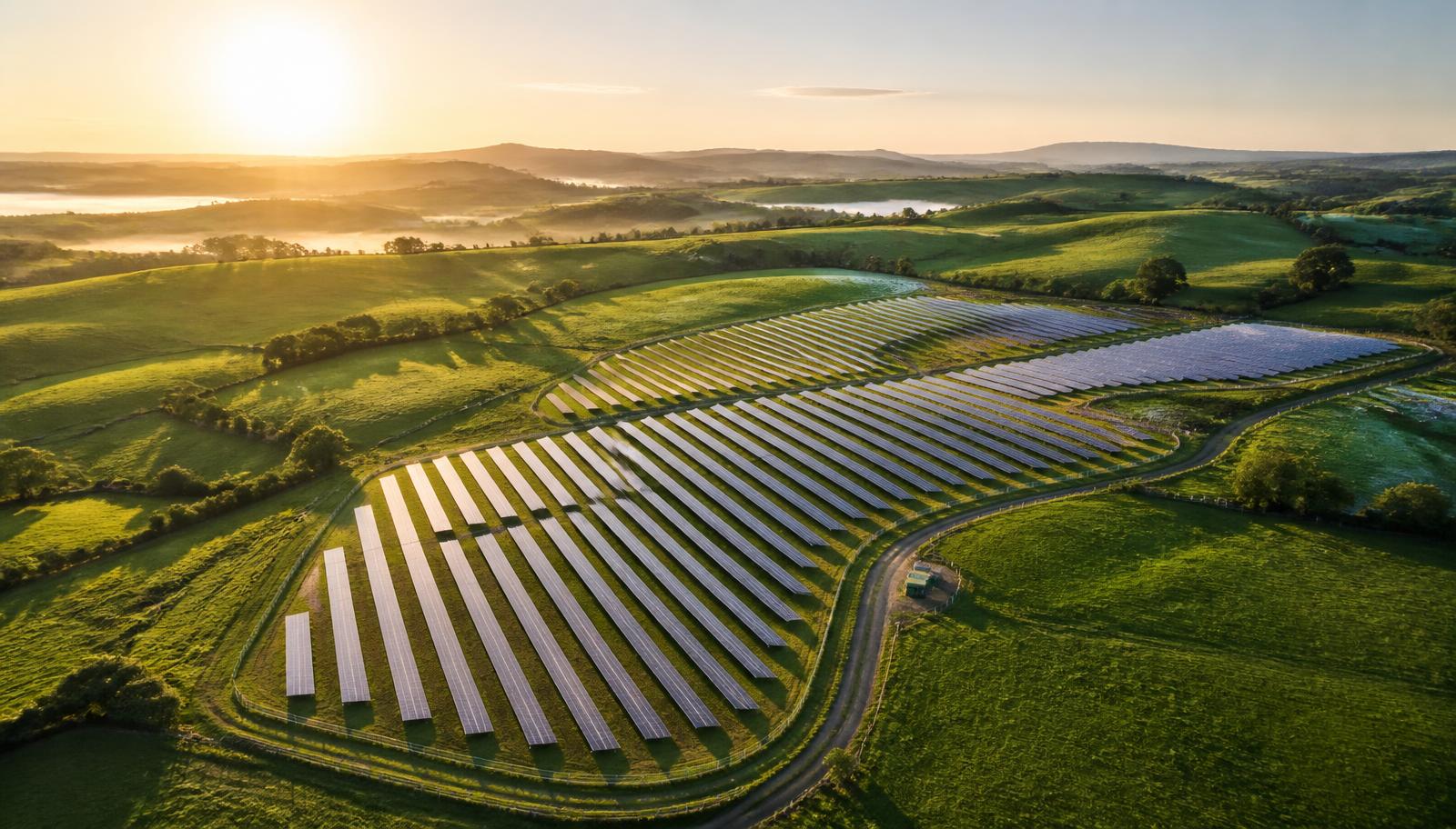 Solar array installed across green farmland at sunrise
